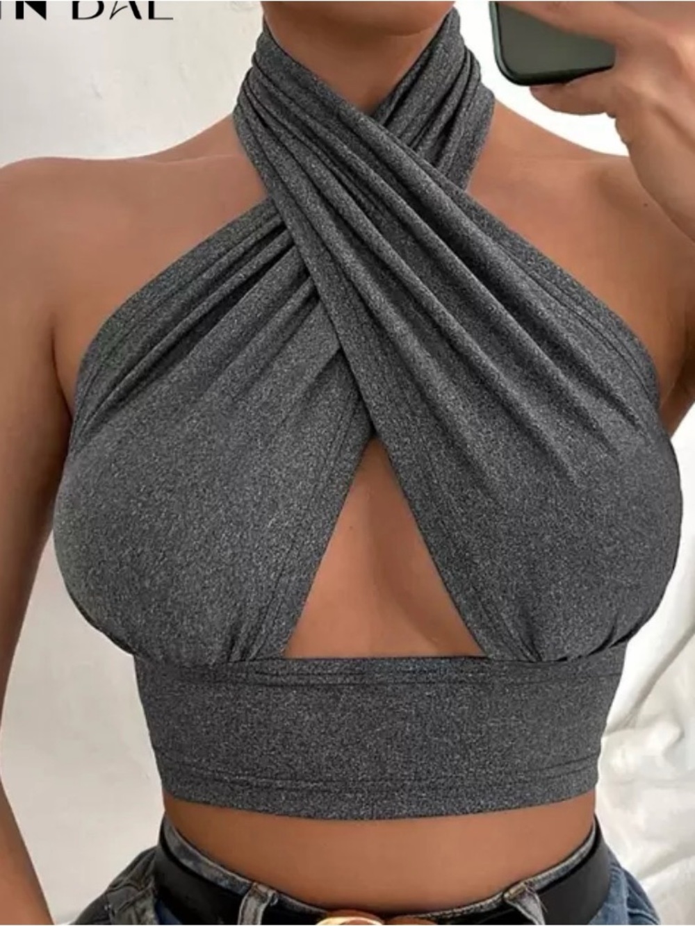 SHEIN Crisscross Halter Crop Top in Charcoal Gray